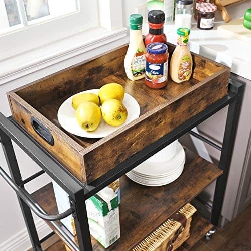 Vasagle Kitchen Trolley med aftagelig bakke, servering af vognvogne, universelle koder med bremser, nivellerende fødder, stålstruktur, køkkenhylde, 65 x 40 x 86 cm, rustik brun LRC72X