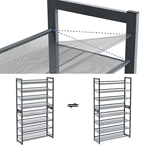 Songmics 8-lags sko rack, sæt med 2 stable 4-lags skoarrangører, stålmesh sko hylde opbevaring, justerbar flad eller vinklet hylder, kølig grå LMR08GB