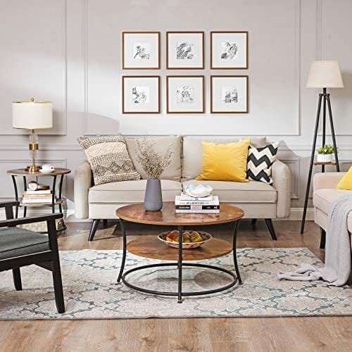 Vasagle sofabord, rund cocktailbord med hylde, tebord, let samling, metal, industriel design, rustik brun LCT80BX