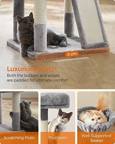 Feandrea Multilevel Cat Tree, 110 cm Cat Tower, Cat Condo, Light Gray PCT52W