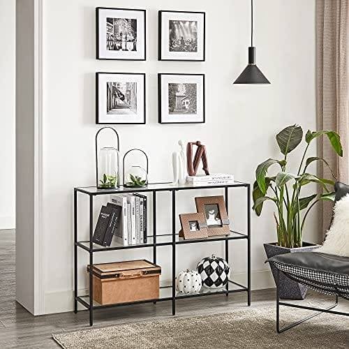 Vasagle -konsolbord, sofabord med 3 hylder, tempereret glashylde, 30 x 100 x 73 cm, stålramme, moderne, til hallway stue soveværelse, sort LGT027B01