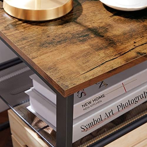 Vasagle sidebord, natbord, slutbord med 2 justerbare meshhylder, let samling, industriel til stue, soveværelse, stabil stålramme, rustik brun og sort Let23x