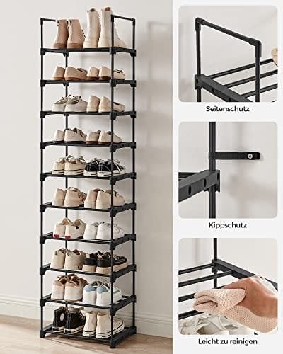 Songmics Shoe Rack, 10-lags metal skoopbevaringsarrangør, tilpasselig design, metalramme, rumbesparende rack, til omklædningsrum, gang, 30 x 45 x 174 cm, sort LSA25BK