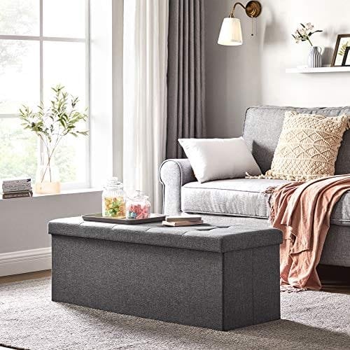 Songmics -bænk med opbevaringsplads, sædebryst, opbevaringsboks, sammenfoldelig, max. Statisk belastningskapacitet 300 kg, med metaldelernet, 120 l, 110 x 38 x 38 cm, imiteret linned