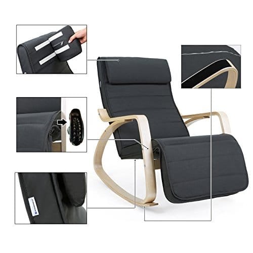 Songmics Birch Wood Relaxing Rocking Stol med justerbar fodstøtte Max Load: 150 kg Grå lyy10g