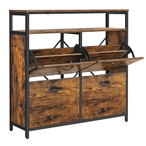 Skoskåp med 4 Klaffar Sko Rack Sko Tippsko Bröst i Hallen För 12-20 Par Skor, 98,3 X 30 X 95 Cm, Vintage Brun/svart