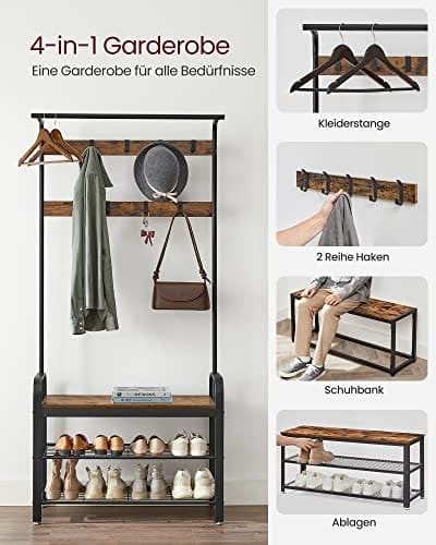 Vasagle Coat Rack, frakke står med skoopbevaringsbænk, 4-i-1 design, med 9 aftagelige kroge, en tøjskinne, til gangen, indgang, 33,7 x 84 x 183 cm, industriel, rustik brun og sort HSR400B01