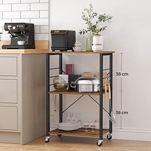 Vasagle køkkenhylde på hjul, serveringsvogn med 3 hylder, mikrobølgehylde, til miniovn, brødrister, metalramme med 6 kroge, industriel design, rustik brun KKS60XV1