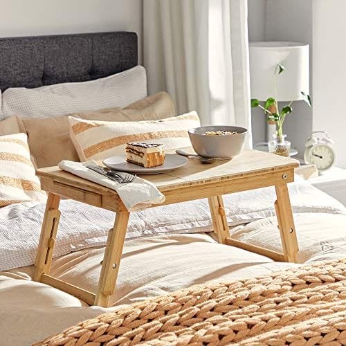 Songmics Bambus Lap Desk, bærbar bord, morgenmadsbakke med 5 justerbare vippevinkler, lille skuffe, naturlig LLD01N