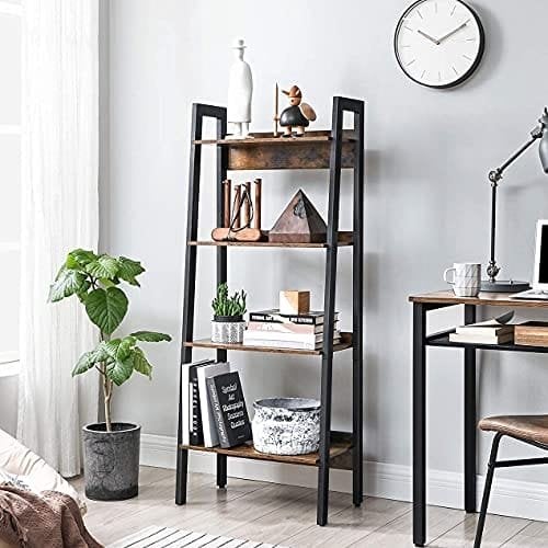 Vasagle Ladder hylde, 4-lags hjemmekontor boghylde, fritstående opbevaringshylder, til stue soveværelse køkkenbalkon, metalramme, let at samle, industriel, rustik brun og sort LLS054X01