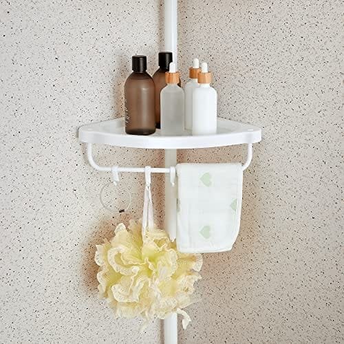 Songmics Justerbar badeværelse hjørnehylde, teleskopisk brusebad caddy, 85-305 cm, gulv til loft, med 4 bakker, 3 kroge, hvid BCB001A