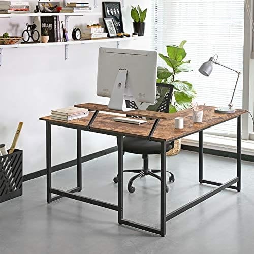 Vasagle L-formet skrivebord med skærmstativ til studier, spil, arbejde, rumbesparende, justerbare ben, metalramme, let samling, rustik brun LWD56X 140 x 130 x 76/91,5 cm