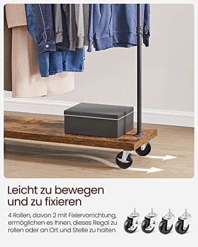 Vasagle tøjskinne til soveværelse, kraftigt tøjstativ, industrielt rørrullende tøjstativ med hylde, topskinne max. Last 90 kg, vaskerum, detailbutik, rustik brun og sort HSR65BXV1