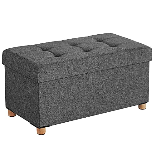 Songmics Storage Ottoman, polstret sammenfoldelig bænk, bryst med låg, massivt træfødder, rumbesparende, 65L kapacitet, holder op til 300 kg, til soveværelse, gang, børns værelse, mørkegrå LSF16gyz