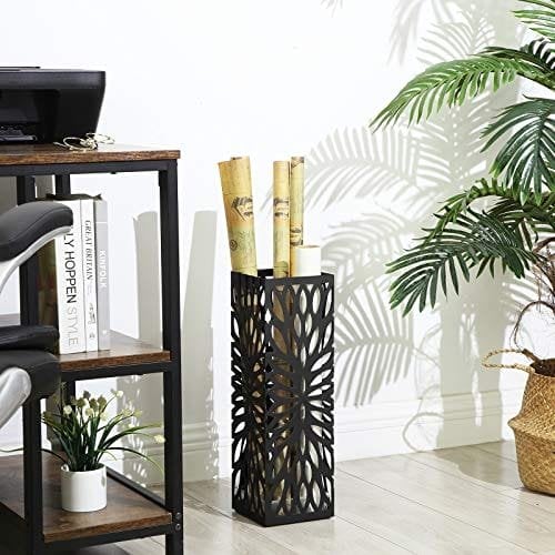 Songmics Metal Paraply Stand, Modern Square Paraply Holder Rack, 15,5 x 15,5 x 49 cm, med 4 kroge og en aftagelig drypbakke, til gangen, kontor, sort luc48b