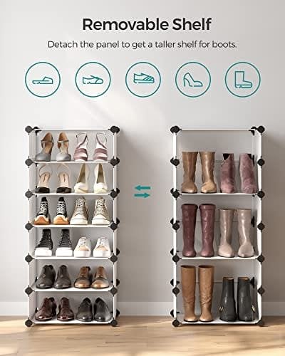 Songmics Interlocking Shoe Rack, rektangulær opbevaringsarrangør, 10 spilleautomat Modular DIY Storage Shelf Unit, 40 x 30 x 17 cm for hver slot, plastgarderobe med døre, hvid LPC10W