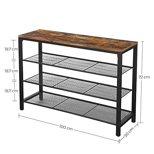 Vasagle sko rack, skoarrangør med 3 mesh hylder, til gang, stue, soveværelse, enkel struktur, stabil, industriel stil, rustik brun og sort lbs14bx