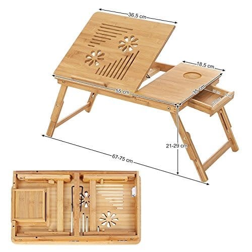 Songmics bambus bærbar skrivebord, sammenfoldelig sengebord, justerbar sofa i højden, med 5 vippevinkler, lufthuller, lille skuffe, 55 x 35 x (21 - 29) cm LLD002