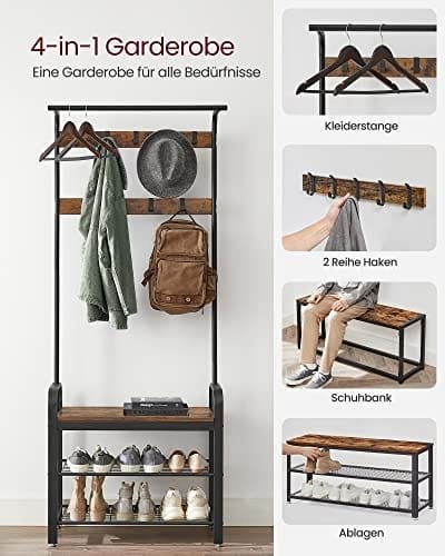 Vasagle Coat Rack, frakke står med skoopbevaringsbænk, 4-i-1 design, med 9 aftagelige kroge, en tøjskinne, til gangen, indgang, 33,7 x 77 x 183 cm, industriel, rustik brun og sort HSR40B