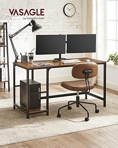 Vasagle Computer Desk, Writing Desk med 2 hylder på venstre eller højre, arbejdsbord til kontorstue, stålramme, industriel, rustik brun og sort LWD55X