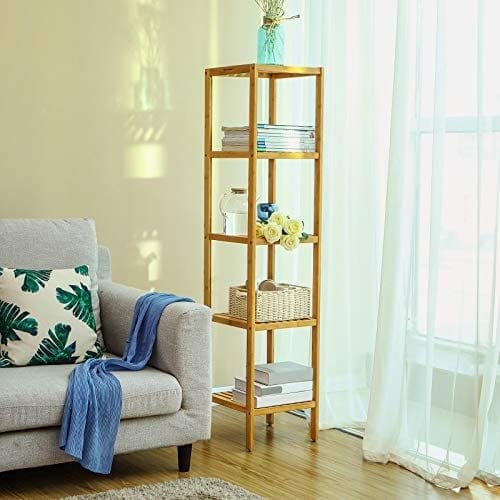 Songmics 5-lags bambus badeværelseshylde, stående køkkenstativ, 33 x 33 x 146 cm (l x w x h), til smalle rum, stue, soveværelse, hallway bcb55y