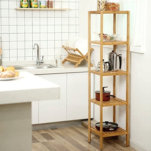 Songmics 5-lags bambus badeværelseshylde, stående køkkenstativ, 33 x 33 x 146 cm (l x w x h), til smalle rum, stue, soveværelse, hallway bcb55y