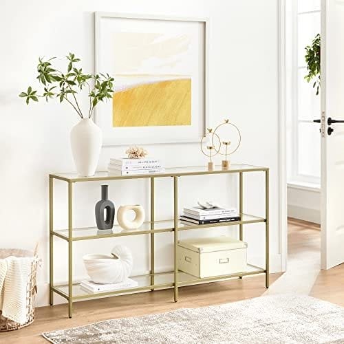 Vasagle -konsolbord, sofabord med 3 hylder, hærdet glashylde, 130 x 30 x 73,3 cm, metalramme, moderne, til hallway stue soveværelse, guldfarve LGT024A01