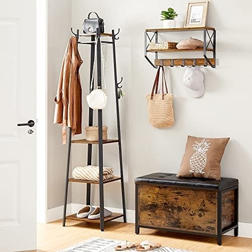 Vasagle frakke rack, frakke står med 3 hylder, stige hylde med kroge til tørklæder, tasker og paraplyer, stålramme, industriel stil, rustik brun og sort LCR80X