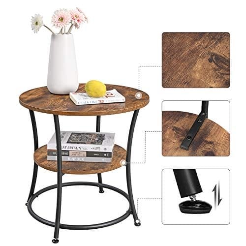 Vasagle sidobord rund, slutbord med 2 hyllor, vardagsrum, sovrum, rustik brun