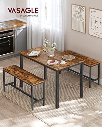Vasagle spisebord med 2 bænke, 3 stykker sæt, køkkenbord på 110 x 70 x 75 cm, 2 bænke på 97 x 30 x 50 cm hver, stålramme, industriel design, rustik brun og sort KDT070B01