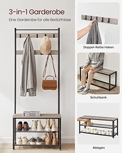 Vasagle Coat Rack, frakke står med skoopbevaringsbænk, halltræ med skostativ, 3-i-1 design, stålramme, til gangen, indgang, 32 x 70 x 175 cm, industriel, greige og sort HSR41MB