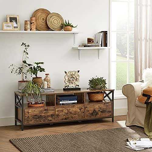 Vasagle TV Stand, tv -kabinet til op til 65 tommer tv, tv -bord med 3 skuffer og 3 åbne hylder, 40 x 147 x 50 cm, til stue, soveværelse, stålramme, rustik brun og sort LTV301B01