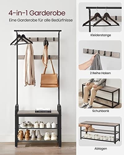 Vasagle Coat Rack, frakke står med skoopbevaringsbænk, 4-i-1 design, med 9 aftagelige kroge, en tøjskinne, til gangen, indgang, 33,7 x 77 x 183 cm, industriel, greige og sort HSR40MB