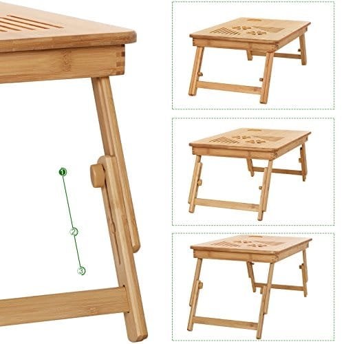 Songmics bambus bærbar skrivebord, sammenfoldelig sengebord, justerbar sofa i højden, med 5 vippevinkler, lufthuller, lille skuffe, 55 x 35 x (21 - 29) cm LLD002