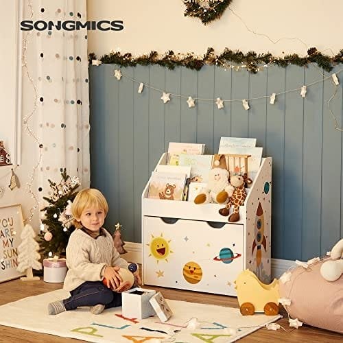 Songmics legetøjsarrangør, børns boghylde med 3 hylder, aftagelig opbevaringsboks med hjul, multifunktion, til børneværelse og legerum, hvid GKR41WT
