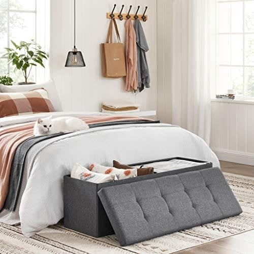 Songmics -bænk med opbevaringsplads, sædebryst, opbevaringsboks, sammenfoldelig, max. Statisk belastningskapacitet 300 kg, med metaldelernet, 120 l, 110 x 38 x 38 cm, imiteret linned