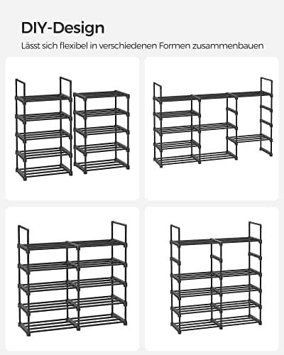 Songmics Shoe Rack, 10-lags metal skoopbevaringsarrangør, tilpasselig design, metalramme, rumbesparende rack, til omklædningsrum, gang, 30 x 45 x 174 cm, sort LSA25BK