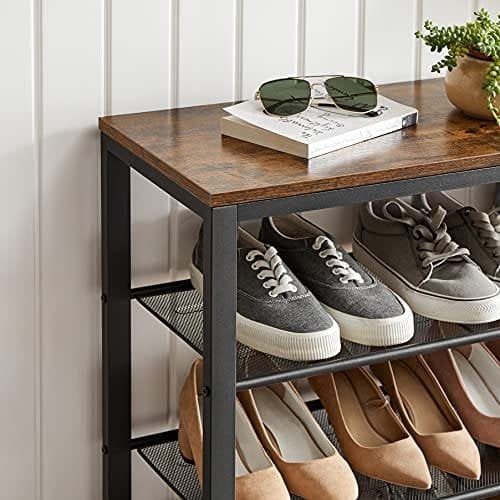 Vasagle sko rack, skoarrangør med 3 mesh hylder, til gang, stue, soveværelse, enkel struktur, stabil, industriel stil, rustik brun og sort lbs14bx