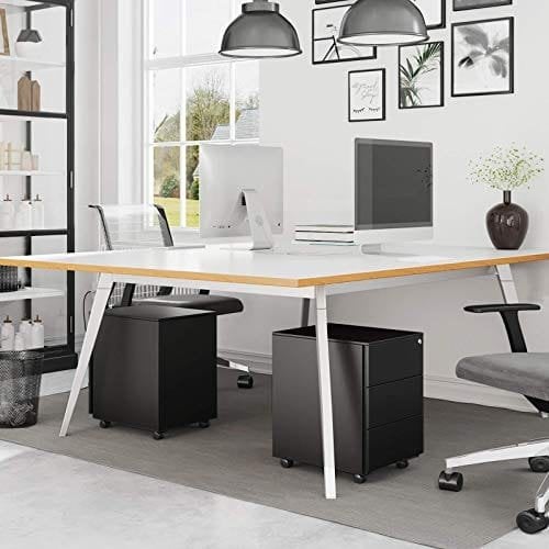 Songmics Mobile File Cabinet, Lockable, med 3 skuffer, holder dokumenter, papirvarer, forudmonteret, til kontor, hjemmekontor, 39 x 45 x 55 cm (L X W X H), Matte sort OFC63BK