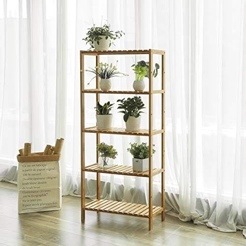 Songmics BCB35Y Badeværelse Køkkenopbevaring Bambus 5 Hylder Justerbar gulvhøjde Blomsterstand Boghylde Naturlig, 60 x 26 x 130 cm