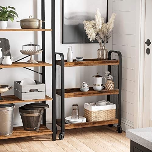 Cowjag of Industrial Style Service, Kitchen Cart, Space Saving, med justerbare fødder og hjul, køkkenhylde, stålstruktur, 66 x 26 x 85 cm, rustik brun LRC66BX