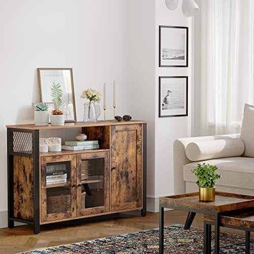 Vasagle Buffet Cabinet, skænk, gulvopbevaringsskab med gennemsigtige døre, rustik ULSC096B01