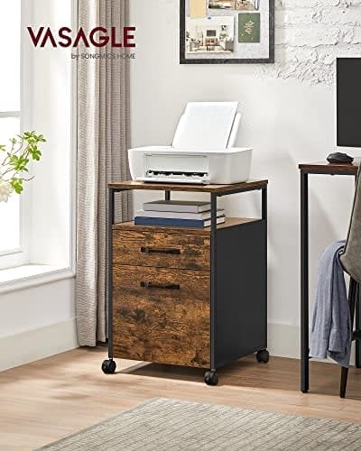 Vasagle -filskabet med 2 skuffer, arkivering af rullende kontor med hjul, åbent rum, stålramme, industriel stil, rustik brun og sort afc71x