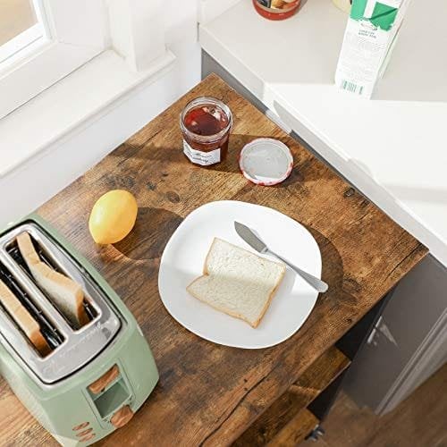 Vasagle køkkenhylde på hjul, serveringsvogn med 3 hylder, mikrobølgehylde, til miniovn, brødrister, metalramme med 6 kroge, industriel design, rustik brun KKS60XV1