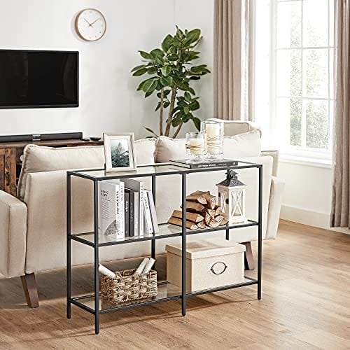 Vasagle -konsolbord, sofabord med 3 hylder, tempereret glashylde, 30 x 100 x 73 cm, stålramme, moderne, til hallway stue soveværelse, sort LGT027B01