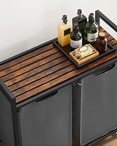 Vasagle Tøjvaskkurv, 2-rumvaskeri Hamper, Oxford-stof, udtræk og aftagelige vaskeposer, metalramme, 2 x 46L, 73 x 33 x 72 cm, rustik brun og grå blh201g01