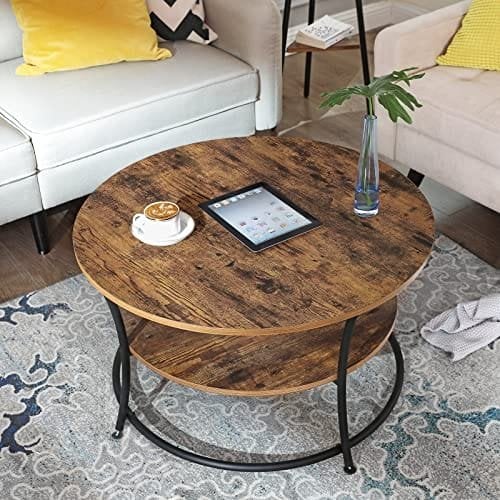 Vasagle sofabord, rund cocktailbord med hylde, tebord, let samling, metal, industriel design, rustik brun LCT80BX