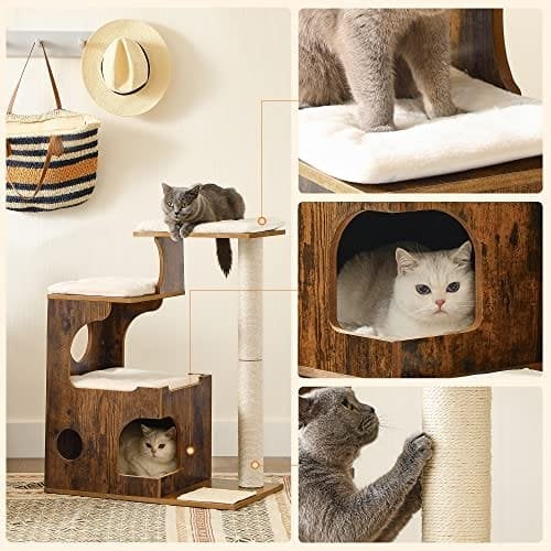 Feandrea 86 cm kattetræ, medium kattårnet med 3 senge og hule, katte condo lavet af MDF med træfinér, sisal post og vaskbar faux pels, vintage, rustik brun og hvid PCT70HW