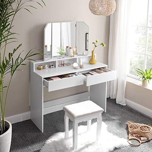 Vasagle-omklædningsbord med tri-fold spejl, makeup-bord med 2 skuffer og 3 åbne rum, forfængelighedsbord, moderne stil, hvid RDT115W01