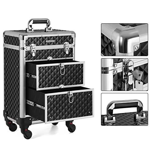 Songmics Lockable Makeup Case, Rolling Cosmetics Beauty Trolley Box, til professionel makeupartist, skønhedsstudio, negletekniker, ABS, aluminium, 34 x 27 x 57 cm, sort JHZ08BK